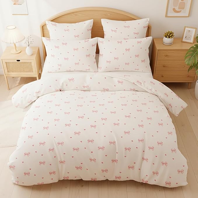 Nayoroom Pink Bow Comforter Set Full Size Coquette Pink Heart Comforter 3 Pieces Soft Lightweight Kids Girls Cute Aesthetic Dorm Bedding Set for All Seasons