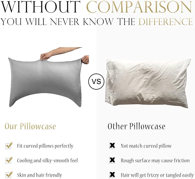 Cooling Curved Pillow Cases - Rayon Derived from Bamboo Side Sleeper Pillowcase Cover - Breathable Soft Pillowcase for Hot Sleepers Hair and Skin, King Size 1 Piece, 20 * 36 Inches Light Grey