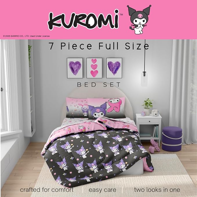 Sanrio Kuromi & My Melody Bedding 7 Piece Super Soft Cozy Reversible Comforter and Sheet Set with Sham, Full, (Officially Licensed Product) By Franco