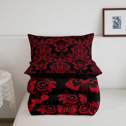 Feelyou Adults Red Vintage Damask Floral Comforter Set Oriental Antique Comforter King Size Gothic Bohemia Boho Flower Bedding Set Gothic Skull Duvet Set Quilt Set 3Pcs