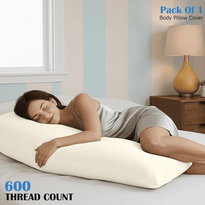 Comfort Beddings Body Pillowcase, 100% Organic Cotton 600 Thread Count Sateen, Soft Cooling Ivory, 1-Pack, Hidden Zipper Closure, Hotel Quality, Fade & Shrink Resistant, 20 x 48 Inches