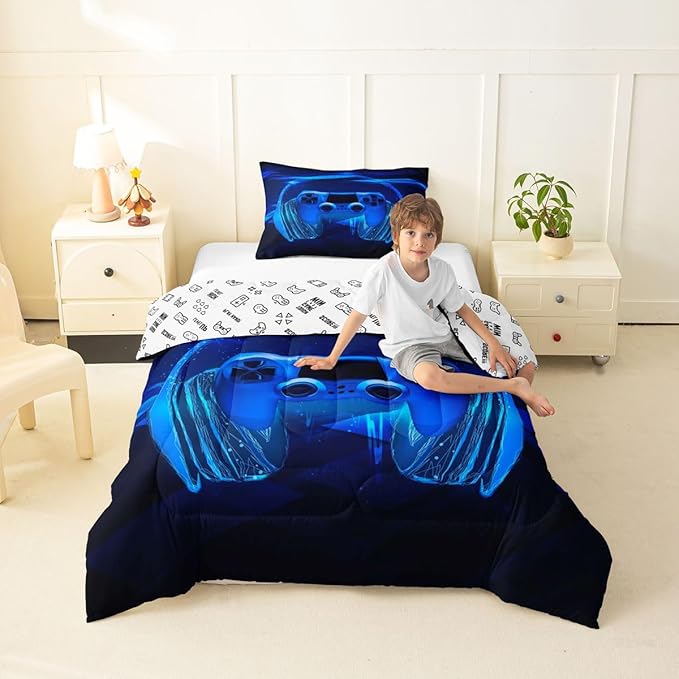Feelyou Gamer Bedding Set Kids Video Game Gamepad Comforter Set for Boys Teens Gaming Headset Comforter Breathable Blue Game Controller Duvet Set Room Decor Quilt Set Toddler Size