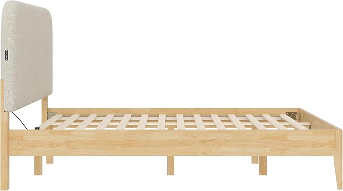 KISLOT Wood Bed Frame with USB & Type-C, Boucle Headboard, Oat, King | Platform Bed, Mattress Foundation, No Box Spring Needed, Easy Assembly
