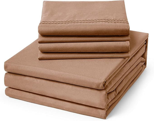 ClevaHome Full Size Sheet Set - 6 Piece Soft Breathable Luxury Bed Sheet Set - Shrinkage & Fade Resistant Embroidered Bedding Sheet with 14-inch Deep Pocket, 2 Extra Pillowcases (Full, Sandy Brown)