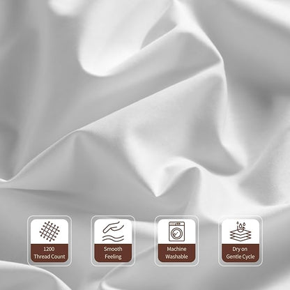 100% Egyptian Cotton Sheets 1200 Thread Count Queen Size 4 Pcs Sheet Set, Fitted Sheet Up to 16" Deep Pocket Cozy for All Seasons (Queen, White)