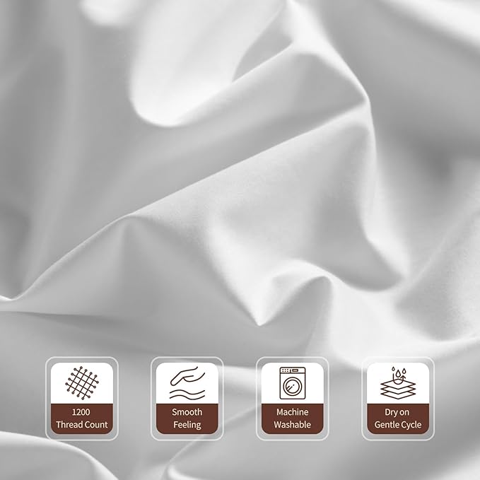 100% Egyptian Cotton Sheets 1200 Thread Count Full Size Bedding Sets 4 Pcs, Fitted Sheet Up to 16" Deep Breathable All Seasons (Full, White)