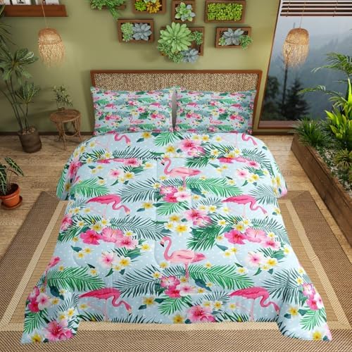 Pink Flamingo Kids Comforter Set Queen Size,Palm Leaves Flowers Rustic Bedding Set,Boys Girls Adults Room Decor,Tropical Plants Animals Dots Down Comforter,Blue Dreamy Duvet Insert,2 Pillowcases