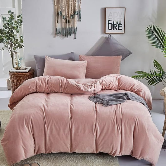 CLOTHKNOW Pink King Size Comforter Set Velvet Bedding Comforter Sets Soft Dusty Blush Comforter with 2 x Pillow Cases