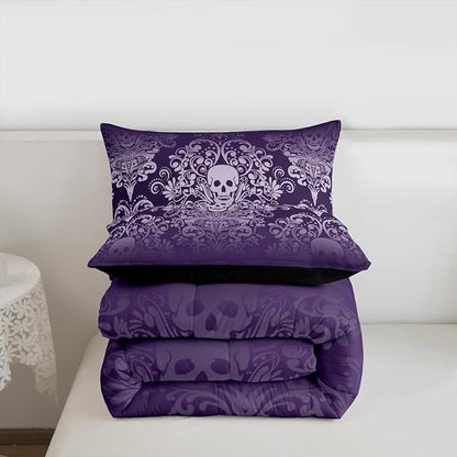 Feelyou Adults Gothic Skull Bedding Set King Size Kids Damask Print Comforter Goth Bohemian Duvet Breathable Soft Lightweight Microfiber Purple Room Decor with 2 Pillowcases