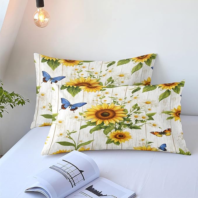 Farmhouse Sunflower Comforter Set Queen White Daisy Bedding Set for Girls Boys Kids Gardern Rustic Botanical Flower Comforter Flowers Butterfly Bedding Soft Lightweight Comforter Sets