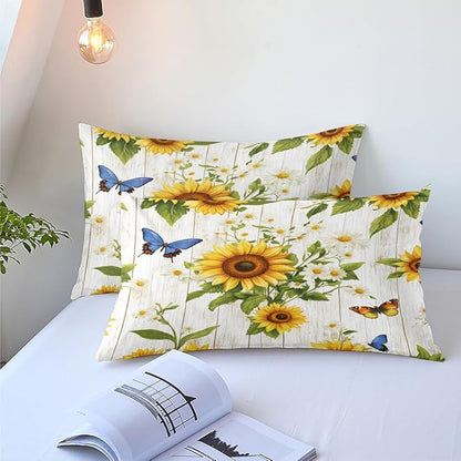 Farmhouse Sunflower Comforter Set Queen White Daisy Bedding Set for Girls Boys Kids Gardern Rustic Botanical Flower Comforter Flowers Butterfly Bedding Soft Lightweight Comforter Sets