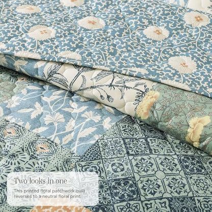 King Quilt Set-3 Pieces Soft Bedding Lightweight Floral Patchwork Coverlet