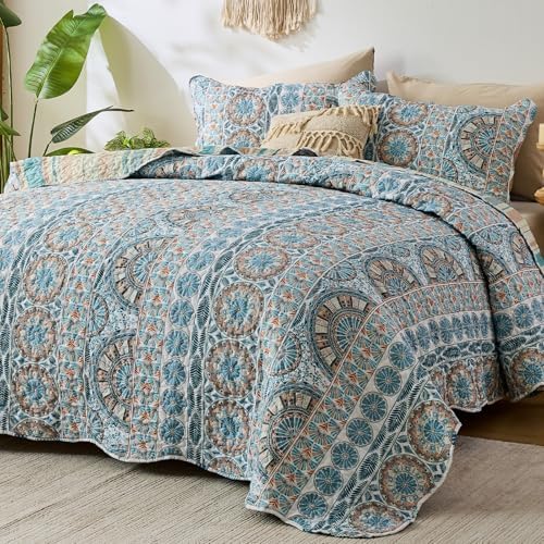 Qucover Boho Quilts Queen Size Bedding Set, Teal Blue