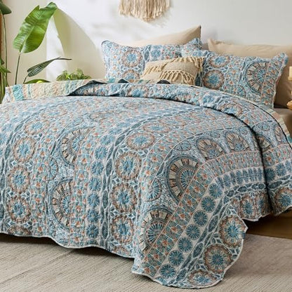 Qucover Boho Quilts Queen Size Bedding Set, Teal Blue