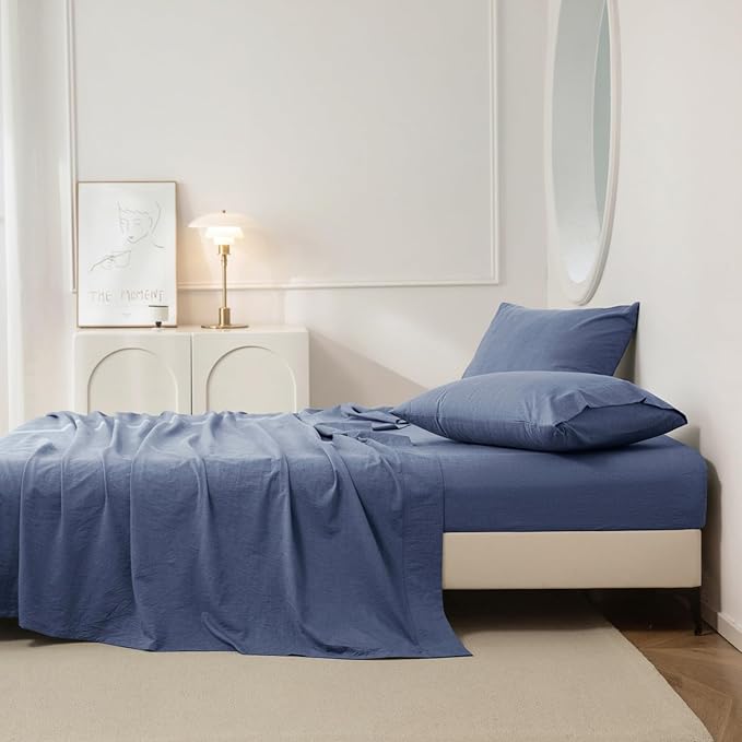 JIYUAN Twin Size Sheet Set, 3-Piece - 100% Washed Cotton, Linen-Like Soft & Breathable, Includes Deep Pocket Fitted & Flat Sheet with 1 Pillowcases, Hotel Quality, Heathered Blue