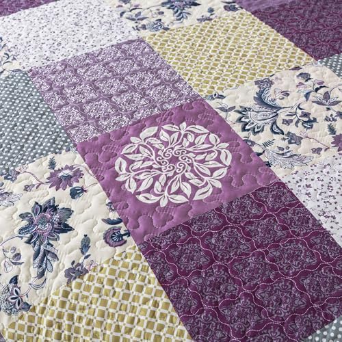 HoneiLife King Size Quilt Sets - 3 Pieces Microfiber Quilt Set Lightweight Bedspreads Reversible Coverlets Rustic Bed Cover King Quilt Bedding Set All Season Quilts-Beige & Purple