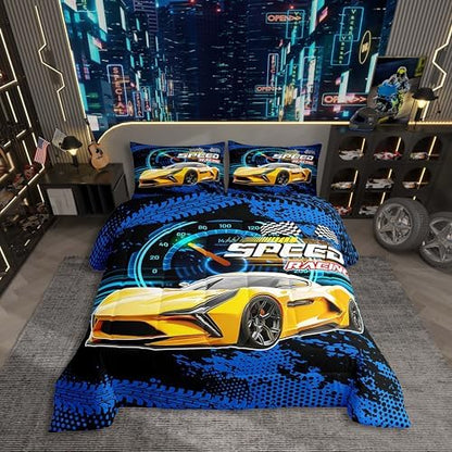 Boys Race Car Toddler Comforter Set,Kids Speed Racing Car Bedding Set for Boys Children Girl,Black And White Plaid Checkered Flag Bedding Comforter Sets,Speed Dashboard Automobile Extreme Sport Quilt