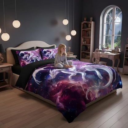 Kids Pink Dragon Comforter Set Full Size Castle Fairy Tale Bedding Set with Galaxy Outer Space Universe for Girls Teens 3 Pcs 3D Animals Quilt Set, 79"x90"
