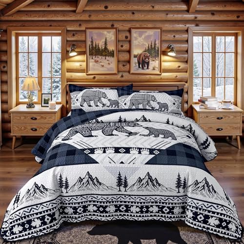3 Piece Cabin King Size Quilt Sets Farmhouse Rustic Reversible Microfiber Soft Lightweight Bedspread Comforter with 2 Shams Patchwork Country Lodge Bedding Quilts Set for All Season, 106''x96'', Blue