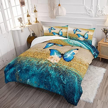 HOSIMA Butterfly Comforter Set with 2 Pillow Sham, Blue Butterfly Floral Comforter Full Size for Kids & Women's Bedroom Decor, Golden Vintage Pattern Bedding Set