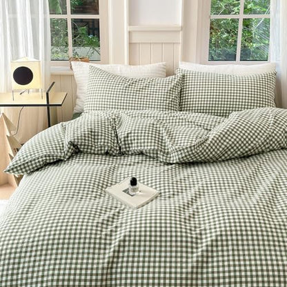 LifeTB Green Gingham Comforter Set California King Modern Style Green Plaid Grid Comforter with 2 Pillowcases Soft Fluffy Checkered Pattern Comforter Farmhouse Gingham Bedding Set Breathable