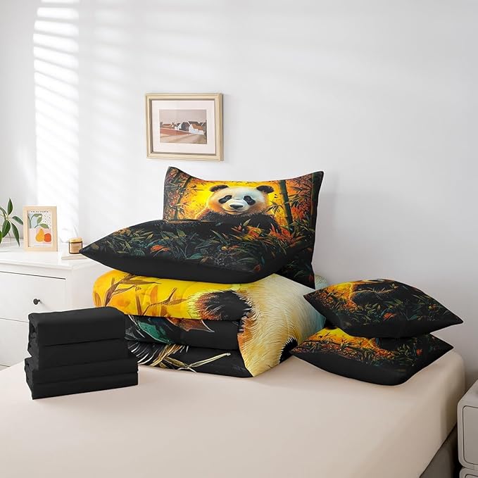 Feelyou Cute Panda Comforter Set 7 Pieces Twin Size Kawaii Bear Bedding Set for Boys Girls Nature Yellow Bed in a Bag with Comforter, Sheets, Pillowcases & Cushion Covers