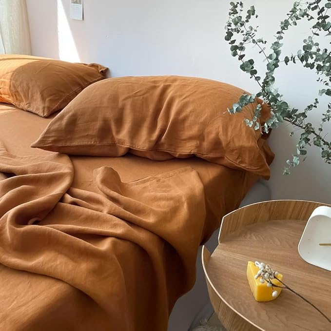 Simple&Opulence 100% Linen Pillowcases Basic Style Solid Color Set of 2, King Size Stone Washed Flax Pillow Cover Envelope Closure (20''x40'', Rust)