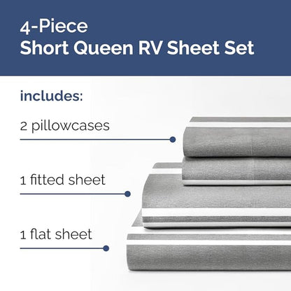 Short Queen Size 4 Piece Sheet Set - RV Short Queen, Soft, Breathable & Cooling Bed Sheets Set w/ Deep Pockets - Hotel Luxury Bedding for Women, Men, Kids, Teens, Boys & Girls, Oeko-Tex - Grey Stripes