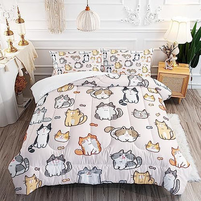 Kids Cute Cat Comforter Set Queen Size 3Pcs Cartoon Pet Cat Fishing Bedding Set Lovely Animal Quilt Bed Set for Children Girls Boys Room Decor