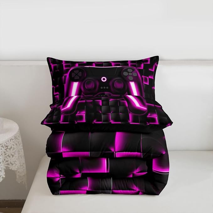 Erosebridal Video Game Comforter Set Queen Gaming Down Comforter Gaming Bedding Sets for Kids Boys Girls Teen,2 Pcs Black Purple Checkered Gamepad Bed Set Neon Lights Geometric Lightweight Quilt