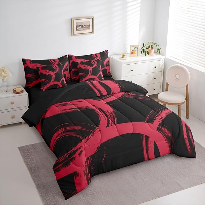 Erosebridal Black and Red 7 Piece Comforter Set Queen Abstract Line Ink Painting Bedding Set for Kids Boys Girls Simple Minimalist Graffiti Art Modern Geometric Sheet Set Boho Cool Unique Mens Quilt