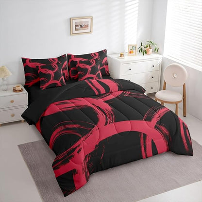 Erosebridal Black and Red 7 Piece Comforter Set Twin Abstract Line Ink Painting Bedding Set for Kids Boys Girls Simple Minimalist Graffiti Art Modern Geometric Sheet Set Boho Cool Unique Mens Quilt