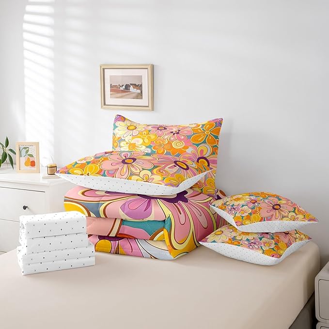 Bohemian Twin Comforter Set with Sheets Bed in a Bag 7 Pcs,70s Hippie Floral Retro Flowers Bed Set,Vintage Farmhouse Style Bedding Sets with Comforter,Flat,Fitted Sheet,Pillowcases,Pillow Covers