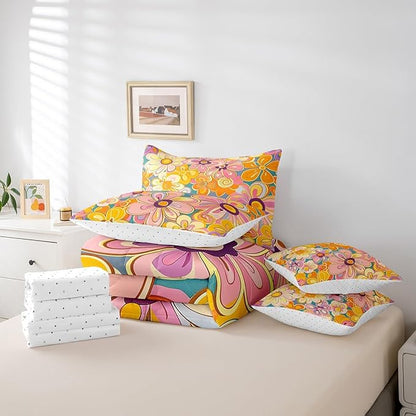 Bohemian King Comforter Set with Sheets Bed in a Bag 7 Pcs,70s Hippie Floral Retro Flowers Bed Set,Vintage Farmhouse Style Bedding Sets with Comforter,Flat,Fitted Sheet,Pillowcases,Pillow Covers
