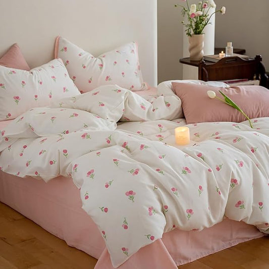 Nayoroom Pink Floral Comforter Set Full Size Coquette Tulip Printed on White Comforter 3 Pieces Kids Girls Soft Cute Dorm Bedding Set for All Seasons (1 Comforter, 2 Pillow Shams)