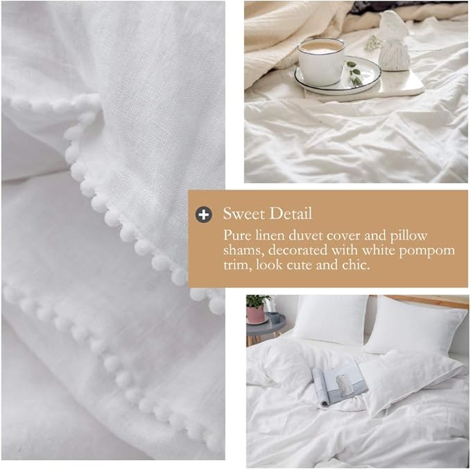 Simple&Opulence 100% Washed Linen Duvet Cover with Pom Pom Trim, Natural French Flax Bedding Set Soft Breathable,1 Farmhouse Boho Comforter Cover and 2 Pillow Shams(Queen,Pure White)