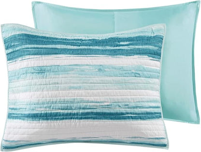 Madison Park Quilt Set Cottage Coastal Design, 6 Piece Set - All Season, Coverlet Bedspread Lightweight Bedding Layer, Shams, Toss Pillows, King/Cal King(104 in x 94 in), Aqua/White