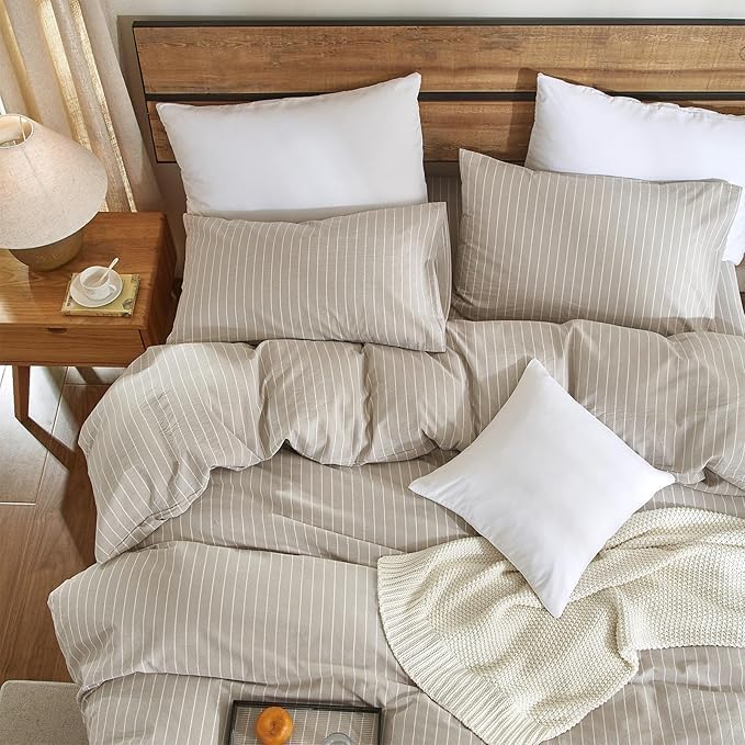 Striped Duvet Cover Set 3 Piece 100% Washed Cotton Linen Like Textured Bedding Set Comfy Breathable (Full, Wide Stripe-Beige Grey/White)