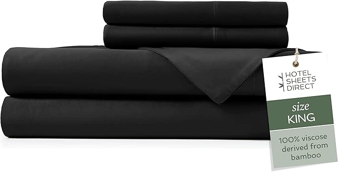Hotel Sheets Direct 4 Piece Bed Sheet Set King Size, 100% Viscose Derived from Bamboo Sheets Set with 2 Pillowcases, Cooling & Breathable Luxury Bedding, Moisture-Wicking & Silky Soft Texture, Black