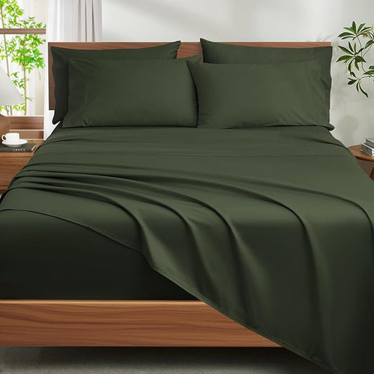 Ivellow 100% Egyptian Cotton Sheets Queen Size Set - 1200 Thread Count 6 PC 18" Deep Pocket Queen Size Bed Sheet Set，Luxury Soft Breathable Dark Green Cooling Sheet Sets Durable Hotel Quality Bedding
