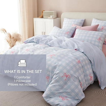Comforter Set Twin Size - 2 Pieces Blue Pink Bows Comforter Set Gingham Checkered Bedding Sets,Twin Bed in a Bag Plaid Comforter and 1 Pillowcase,Back to School Comforter