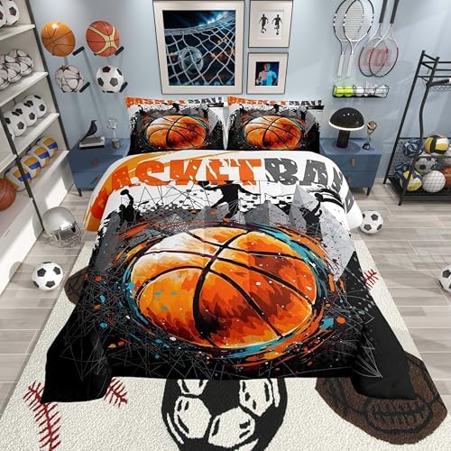 Boys Basketball Graffiti King Size Comforter Set,Kids Sports Gaming Decor All Season Bedding Set,Teens Watecolor Hippie Comforter,Girls Black and Yellow Decor Quilt Set Bedroom Collection 3Pcs