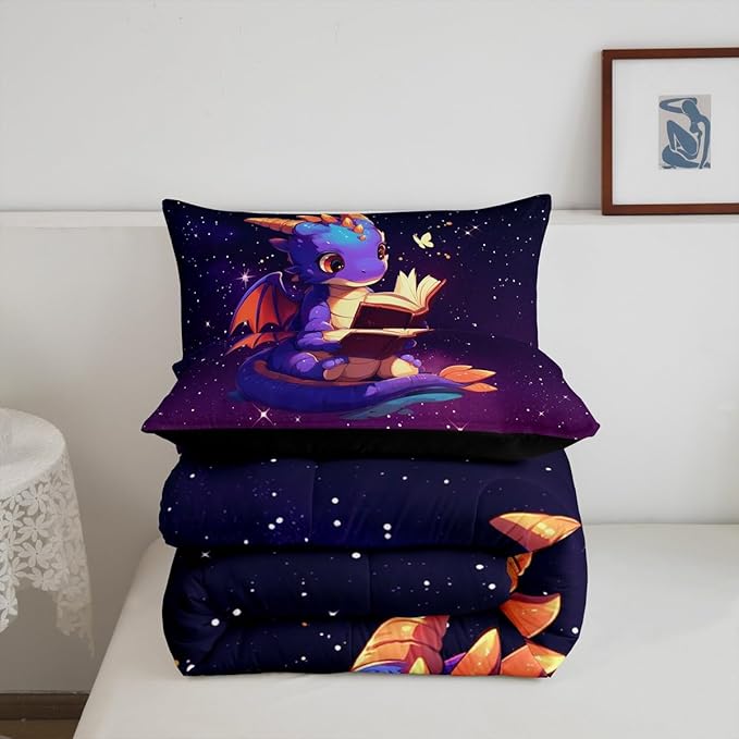 Lovely Dragon Comforter Set King Size Purple Black Ombre Galaxy Bedding Set Bedroom Decor Cartoon Dragon Book Quilt Set Dreamy Glittering Print Starry Duvet Insert with 2 Pillowcases