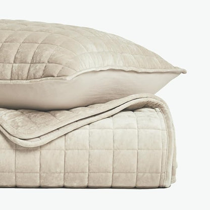 RECYCO Luxury Velvet Quilt Set, California King 118'' x 106'' Oversized Bedspread, Ultra Soft Velvet Comforter, Lightweight Box Stitch Bedding Sets for All Season, with 2 Shams, Beige