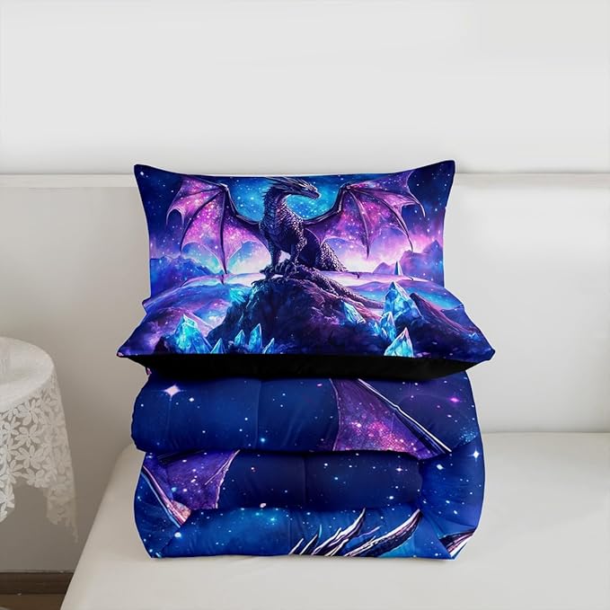 Castle Fairy Dragon Comforter Set,Wild Animals Bedding Set for Kids Teens,Iceberg Starry Sky Purple Quilt Set,Duvet Insert 2 Pcs with 1 Pillowcase,Toddler