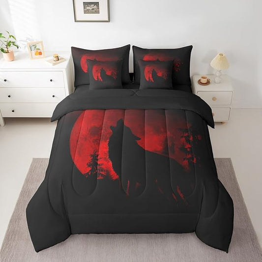 Castle Fairy Wolf Silhouette Bed in a Bag Comforter Set,Howling Wolf Animal Twin Size 7 Pieces for Kids Teens,Jungle Red Moon Bedding Set with Comforter, Sheet Set, Pillowcases, Pillow Covers