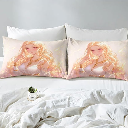 Erosebridal Kawaii Girly Fitted Sheet 3D Anime Gifts Bed Sheets, Japanese Girl Bedding Set for Kids Girls 3 Piece Lady Women Aesthetic Princess Sheets Queen, 1 Fitted Sheet 2 Pillowcases