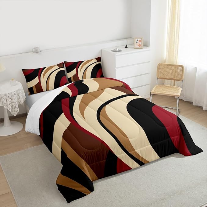 Black Red Brown Comforter Set Twin Size Vintage Abstract Stripes Bedding Set for Kids Girls Women Adult Bedroom Decor Geometric Circle Waves Quilt Set Soft Polyester Duvet Insert 2pcs