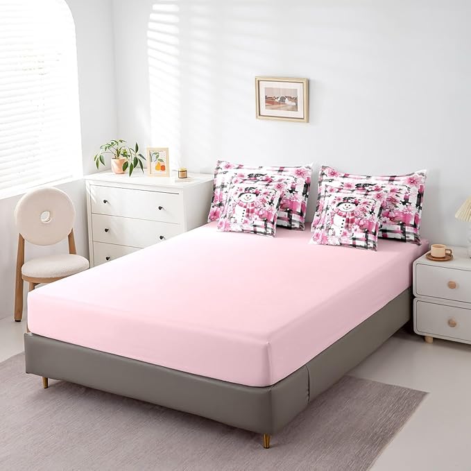 Castle Fairy Kawaii Snowman 7 Pieces Bedding Set Full Bed in a Bag,Pink Cherry Blossom Winter Flowers Comforter Set,Modern Abstract Soft Warm Microfiber Bedding