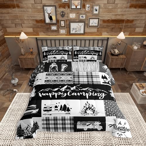 Castle Fairy Camper Patchwork Comforter Set King Size,RV Happy Camping Hunting Adventure Bedding Set All Season Quilt Set,Travel Trailers Decor Boho Aztec Exotic Microfiber Polyester Down Comforter
